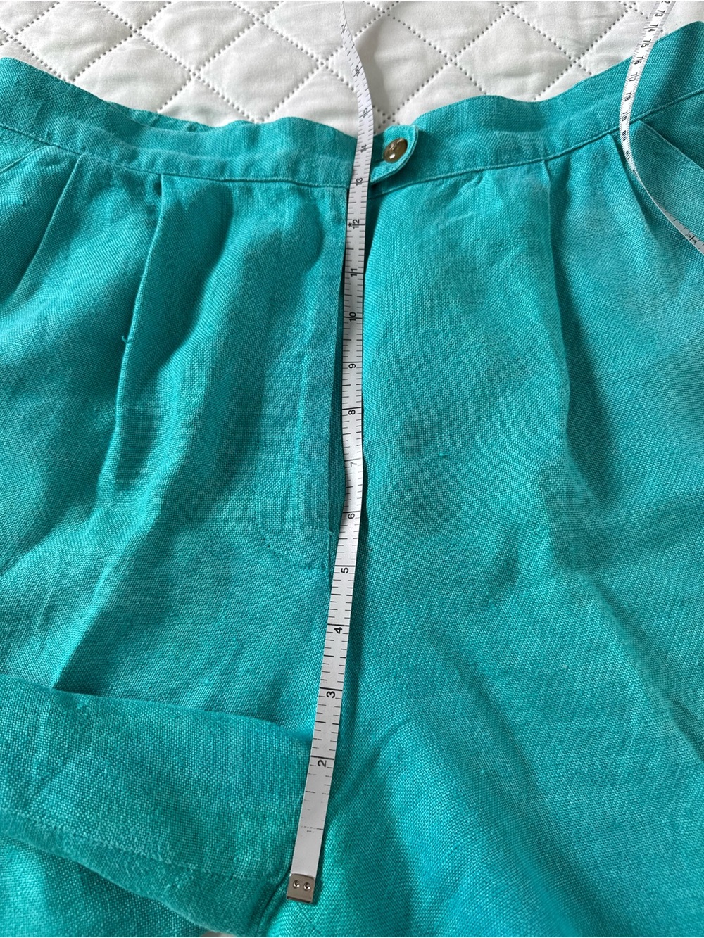 Vintage Jennifer Moore Linen Shorts Teal Green High Waist L Pleated 90s Resort - Picture 9 of 11